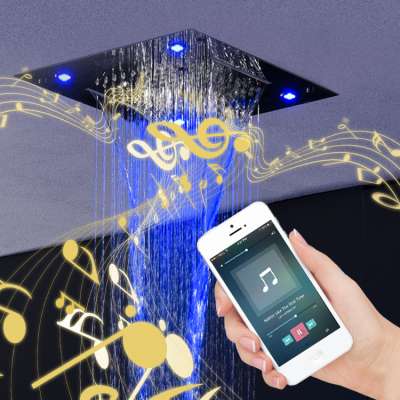 Music Bathroom Thermostatic Led Shower Set With Bluetooth luxury Brass Wall Mounted Music Rainfall Combo Head Mixer Black Rain