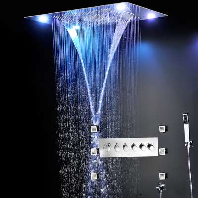 Ceiling big rain shower head waterfall dual rain concealed ceiling led shower faucets for bathroom + hot and cold diverter