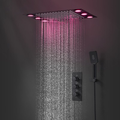 Matte Black Thermostatic Wall Mounted Waterfall Faucet Sets Concealed Rain Shower Mixer With Shower Head