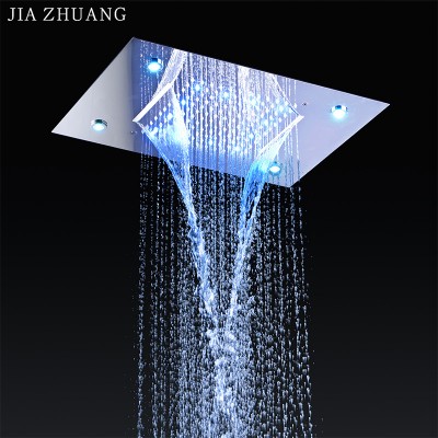 Bathroom Large SS 304 Ceiling LED Light Up Double Rainfall Waterfall Shower Head Color Change Faucet Sliding Bar Shower Set