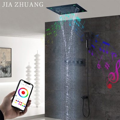 600mm Ceiling Rainwater Mounted Bathroom thermostatic faucet music bath 600 600 mm spa led shower head with ABS handheld set